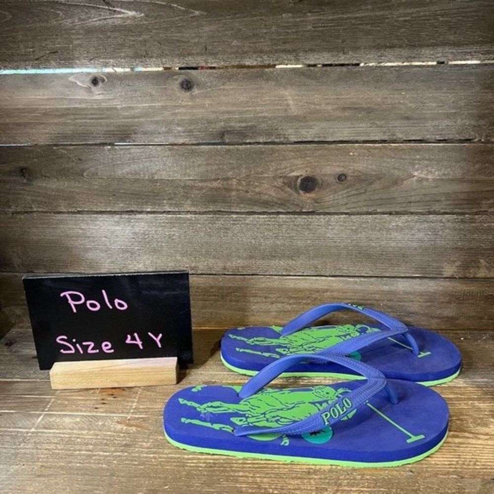 Childrens Big Kids Polo Ralph Lauren Blue Thong Sandals Flip Flops Size 4 Y‎ EUC